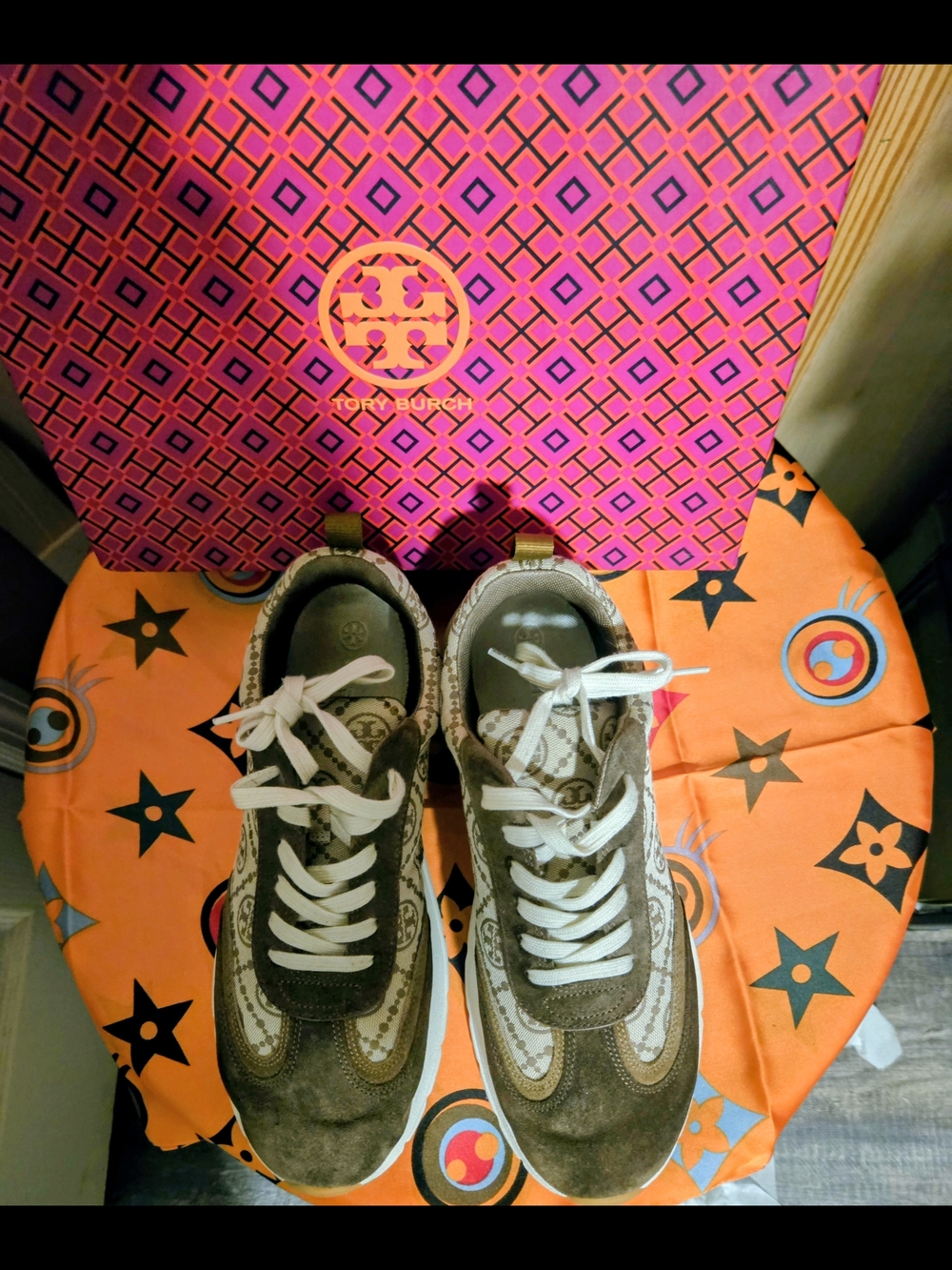 Tory Burch Brown and Cream Logo Athletic Sneakers